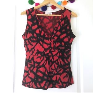 Calvin Klein Red Black Abstract Peplum V-Neck Top